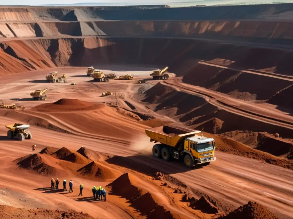 Mineros trabajando en una gigantesca mina de cobre a cielo abierto, con maquinaria imponente y expresiones de determinación y cansancio