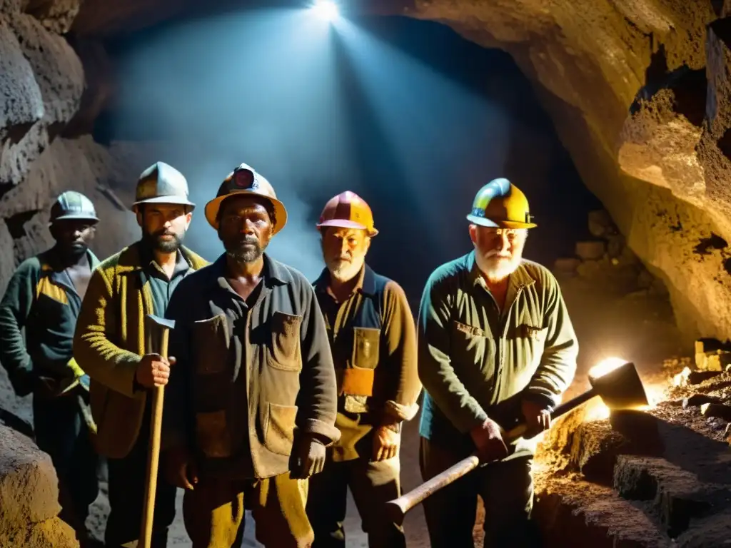 Mineros con herramientas tradicionales en mina oscura, reflejando la historia y tradición de la minería