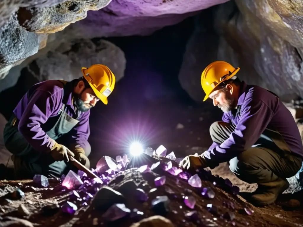 Mineros en la Explotación histórica de las amatistas del Ural, extrayendo cuidadosamente cristales de amatista púrpura en la montaña
