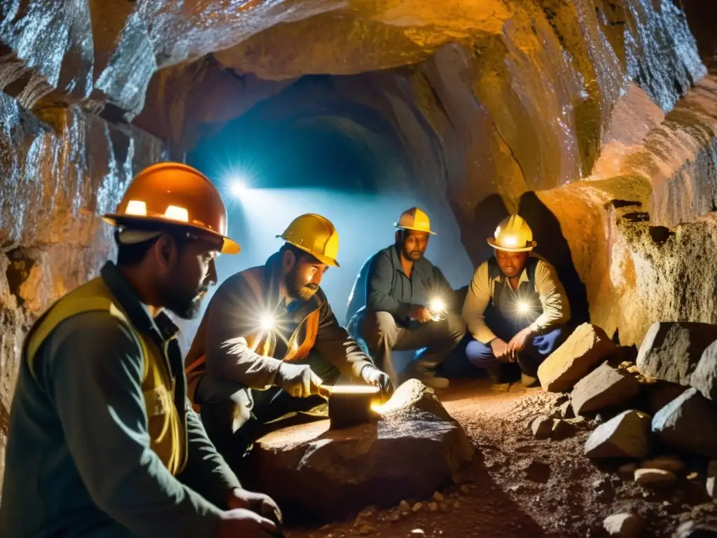 Mineros indígenas extrayendo con determinación metales preciosos en túnel subterráneo