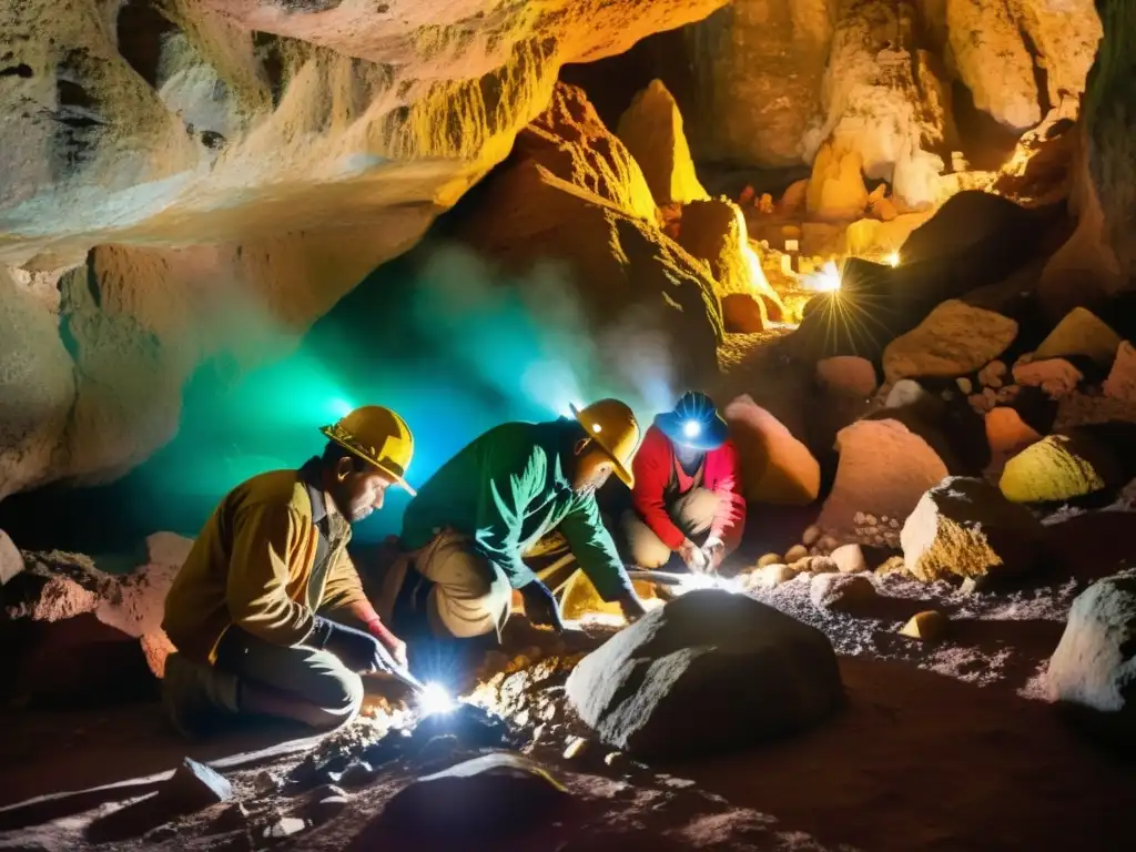 Mineros indígenas extraen minerales en una cueva oscura, destacando el contraste de colores