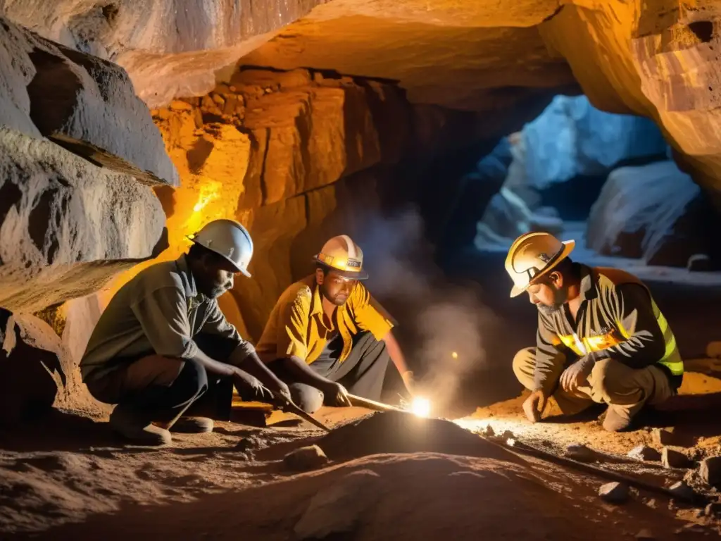 Mineros indígenas utilizan técnicas ancestrales para extraer minerales en una caverna iluminada por antorchas, mostrando su legado ancestral