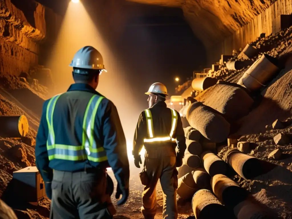 Mineros trabajando con intensidad en una mina profunda y estrecha, iluminada por luces industriales