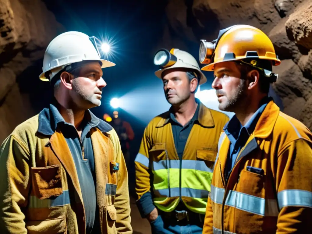 Mineros coordinando su labor en una mina subterránea con los mejores walkie talkies para minería, en un ambiente desafiante y crucial