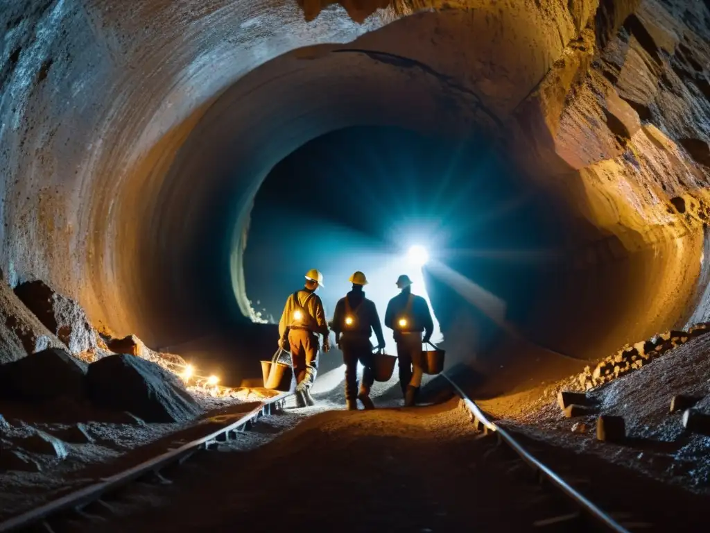 Mineros con lámparas exploran túnel de mina antigua, mostrando historia artefactos minería evolución equipo