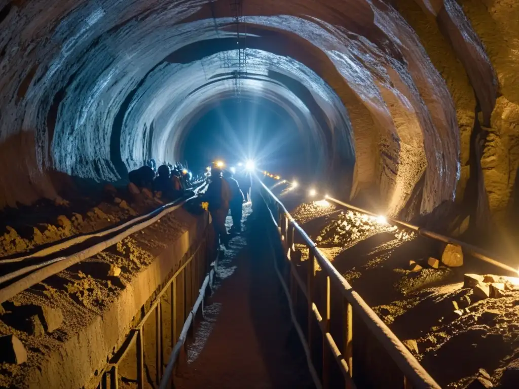 Mineros con lámparas en túnel de mina de plomo