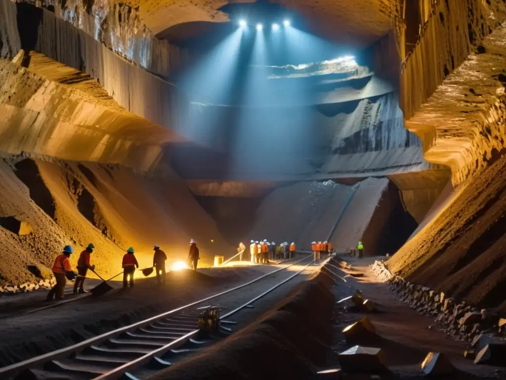 Mineros legendarios de minerales y gemas trabajan con determinación en las profundidades de la mina, extrayendo tesoros de la tierra