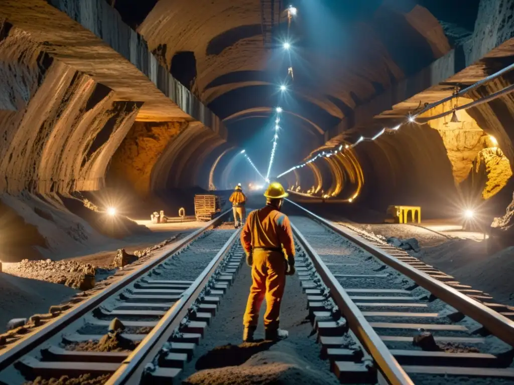 Mineros con linternas y maquinaria pesada extraen minerales en una mina subterránea, mostrando el agotamiento en la minería clásica