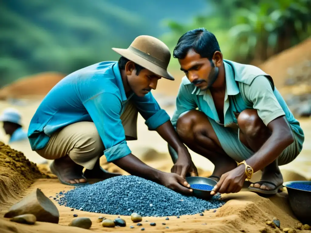 Mineros locales seleccionando cuidadosamente grava en busca de zafiros de Ceilán auténticos en una mina tradicional de Sri Lanka