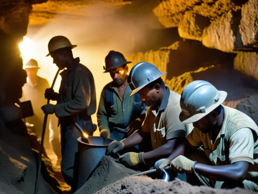 Mineros locales extrayendo minerales en mina estrecha con técnicas manuales, rostros cansados, impacto económico palpable