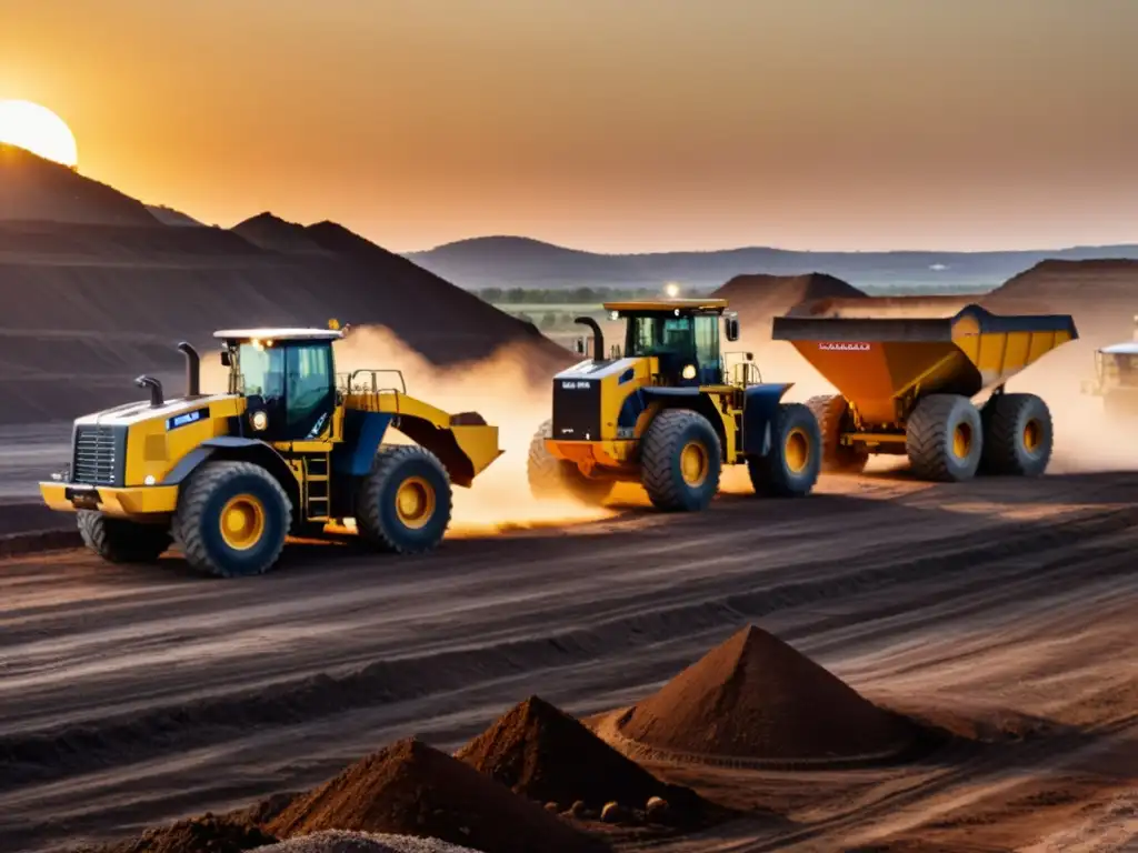 Mineros operando maquinaria pesada en una mina moderna al atardecer, reflejando la transformación de la industria minera