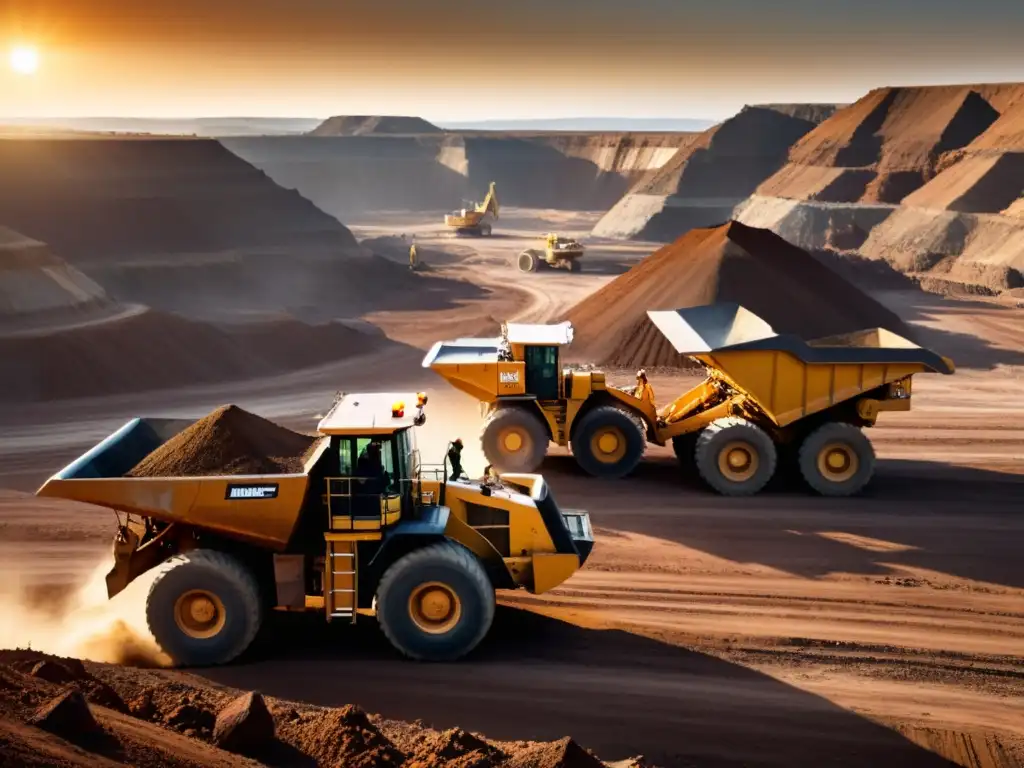 Mineros operando maquinaria pesada en una mina a cielo abierto al atardecer, destacando la complejidad de las operaciones mineras