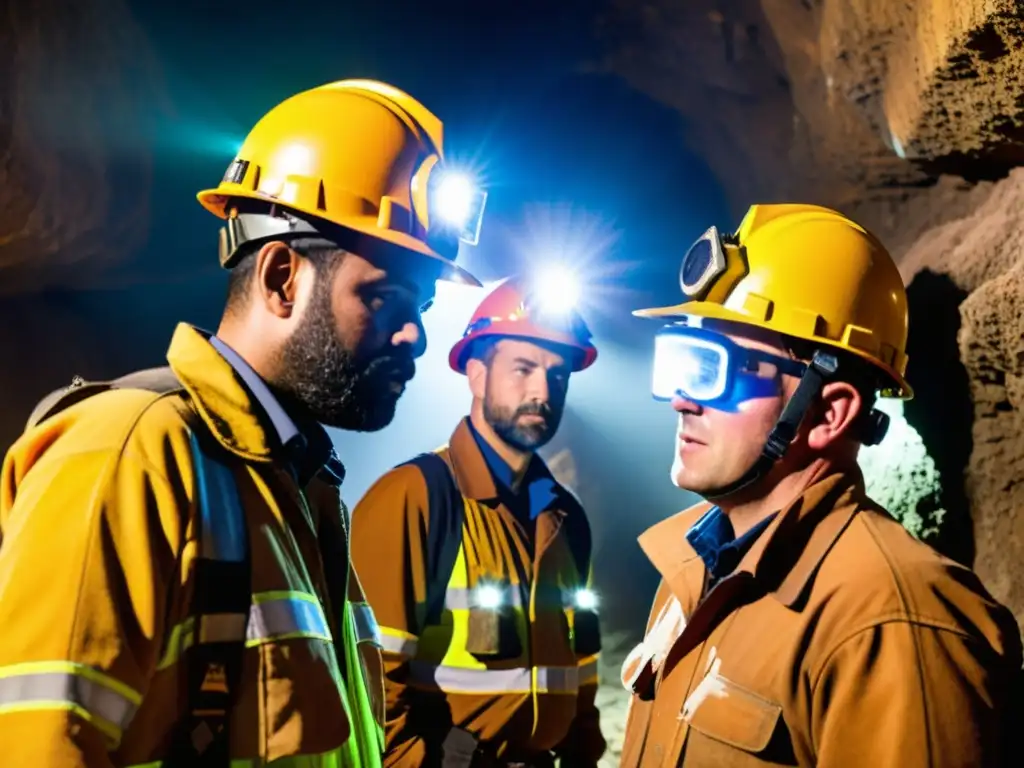 Mineros con los mejores cascos de ventilación y protección trabajan con determinación en una mina subterránea iluminada por sus lámparas