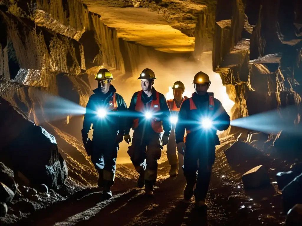 Mineros descendiendo a la mina con certificaciones en minería para carrera, iluminados en la oscuridad mientras navegan con herramientas de trabajo