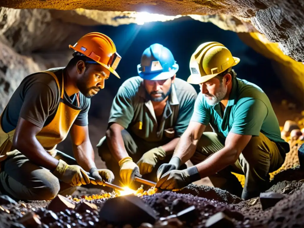 Mineros en una mina de gemas, trabajando con determinación en un entorno subterráneo y extrayendo minerales preciosos