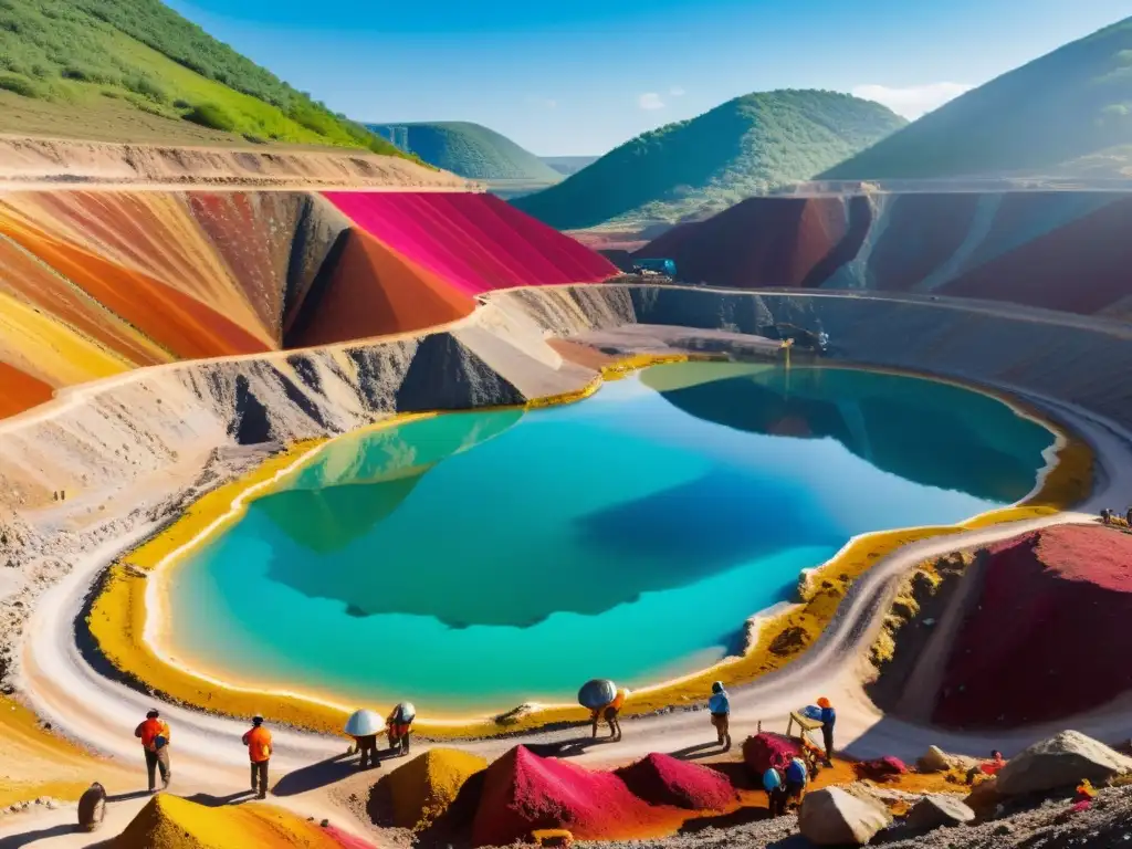 Mineros trabajan en una mina de gemas, rodeados de colores vibrantes