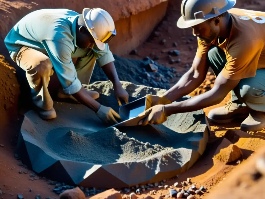 Mineros extraen coltán en mina con herramientas, iluminados por lámparas frontales