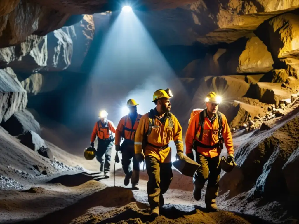 Mineros descienden a mina oscura con herramientas, destacando la necesidad de Legislación Minera OIT Condiciones Laborales