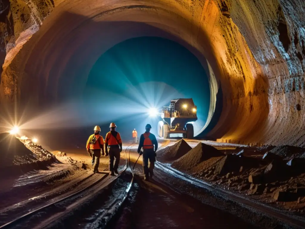 Mineros trabajando en una mina profunda, con mineral colorido iluminado por lámparas frontales