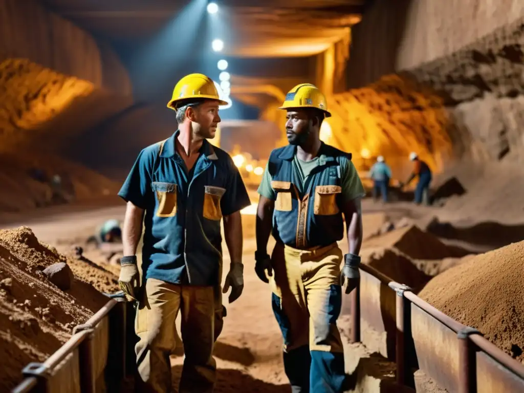 Mineros trabajando con determinación en una mina, rodeados de tonos terrosos