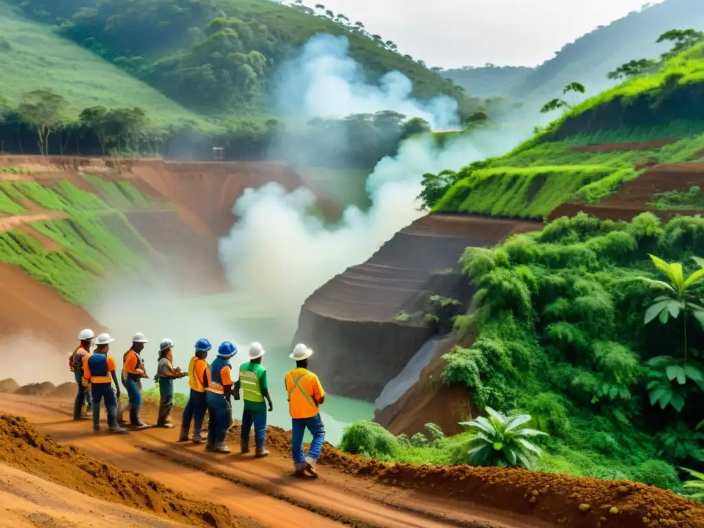 Mineros en una mina sostenible, extrayendo minerales de forma responsable, en armonía con la naturaleza y la comunidad local