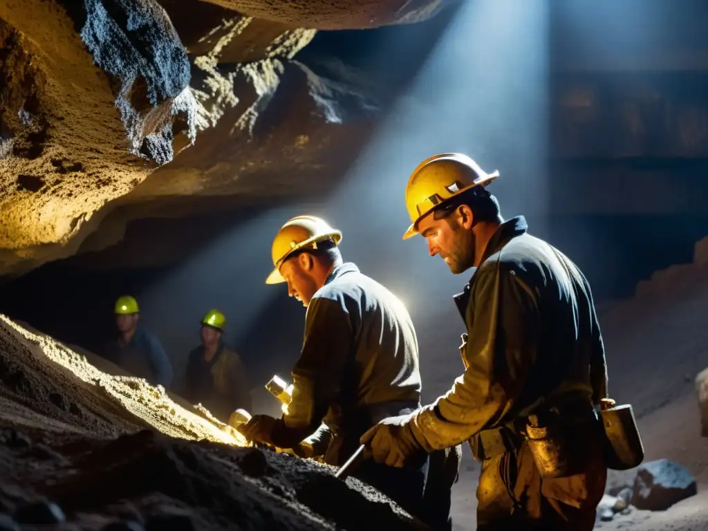 Mineros trabajando en mina subterránea, reflejando desigualdades económicas en minería de minerales