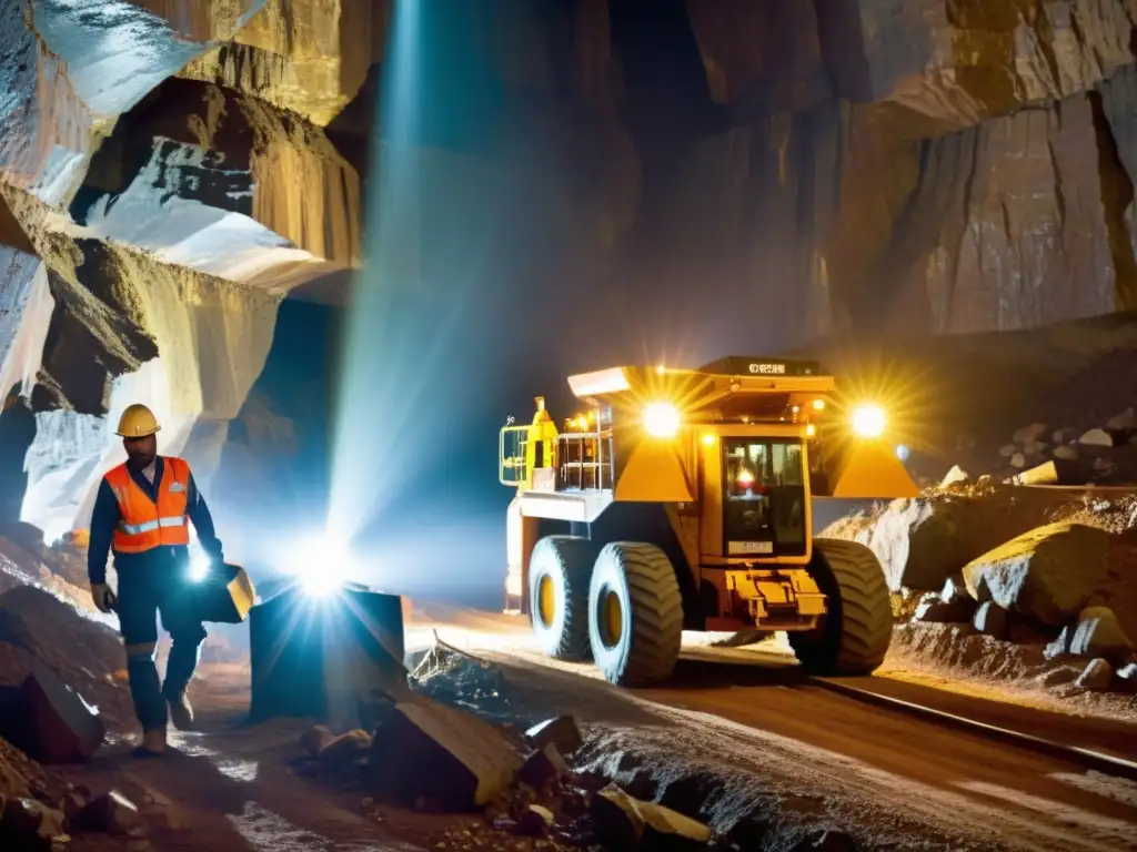 Mineros trabajando en una mina subterránea, iluminados por lámparas frontales