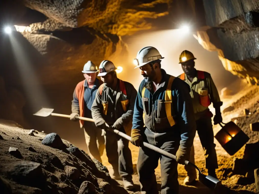 Mineros trabajando en una mina subterránea, iluminados por lámparas frontales