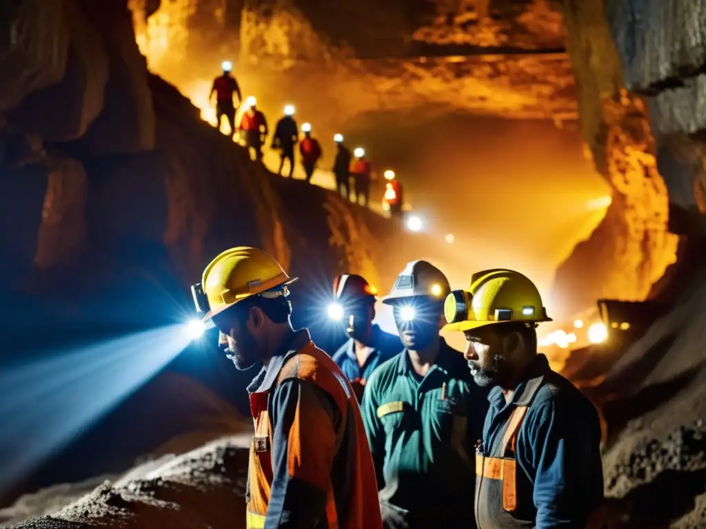Mineros trabajando en una mina subterránea, iluminados por lámparas frontales