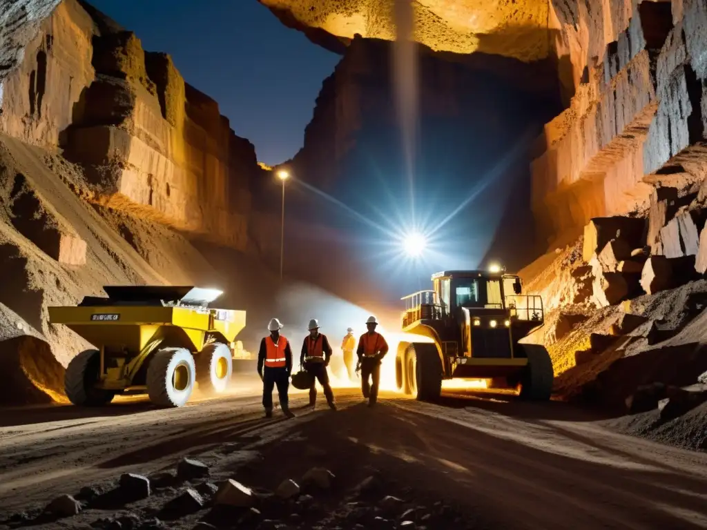 Mineros trabajando en una mina subterránea, iluminados por luces brillantes