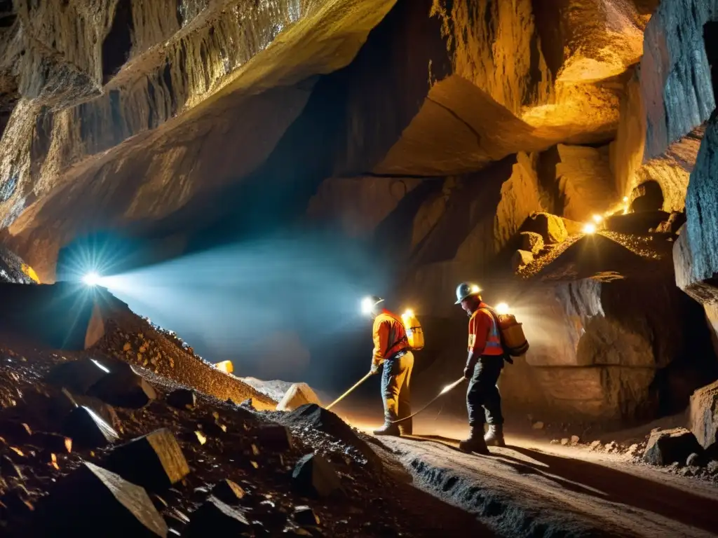 Mineros trabajando en una mina subterránea, iluminando las rocas con sus lámparas frontales