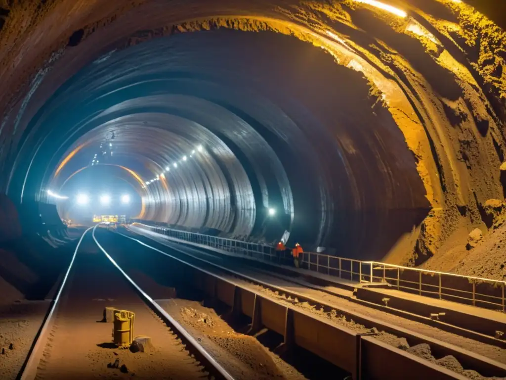 Mineros trabajando en una mina de níquel subterránea, entre túneles y vetas de mineral brillante