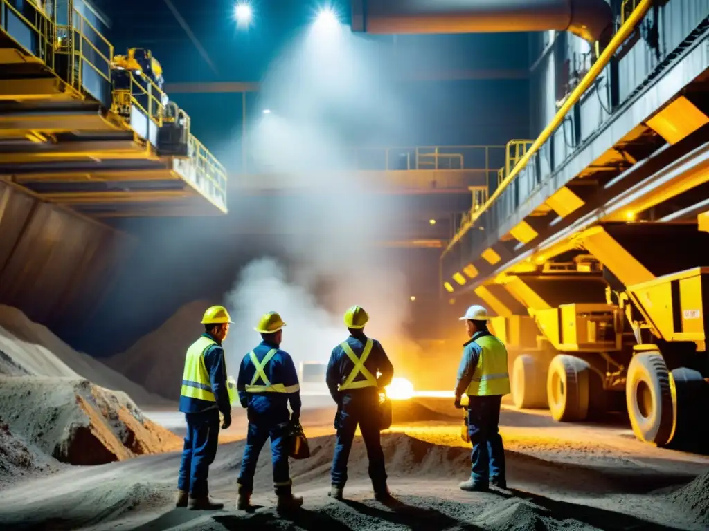 Mineros en moderna instalación minera con equipo pesado