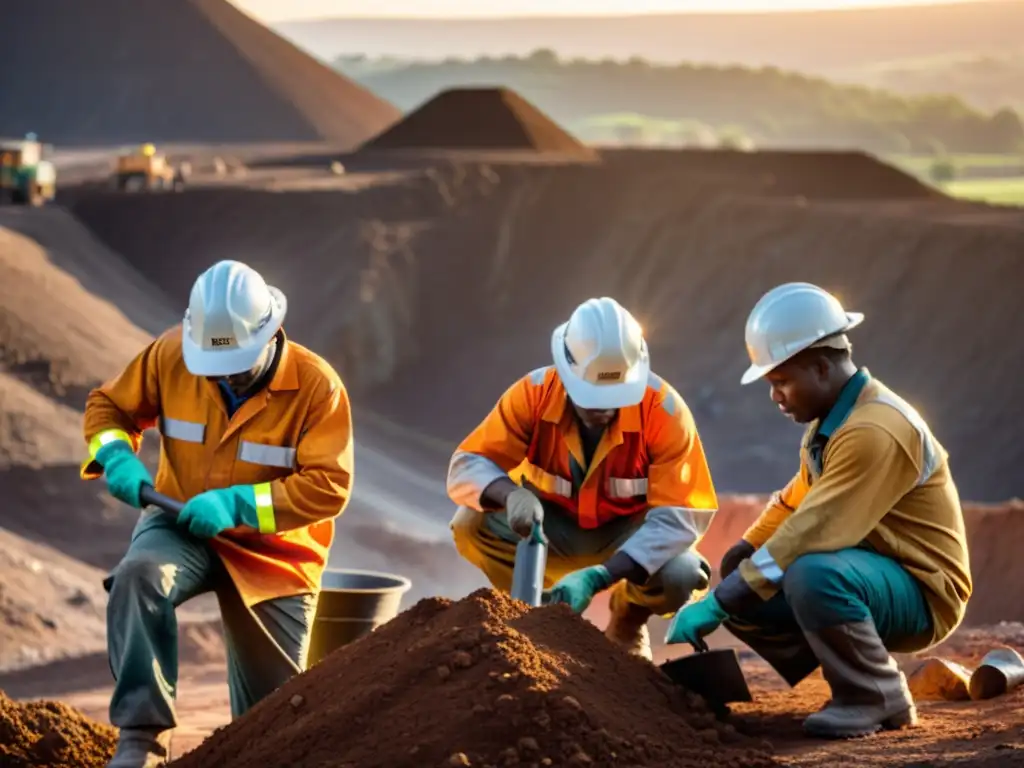 Mineros extrayendo minerales en un entorno sostenible al atardecer