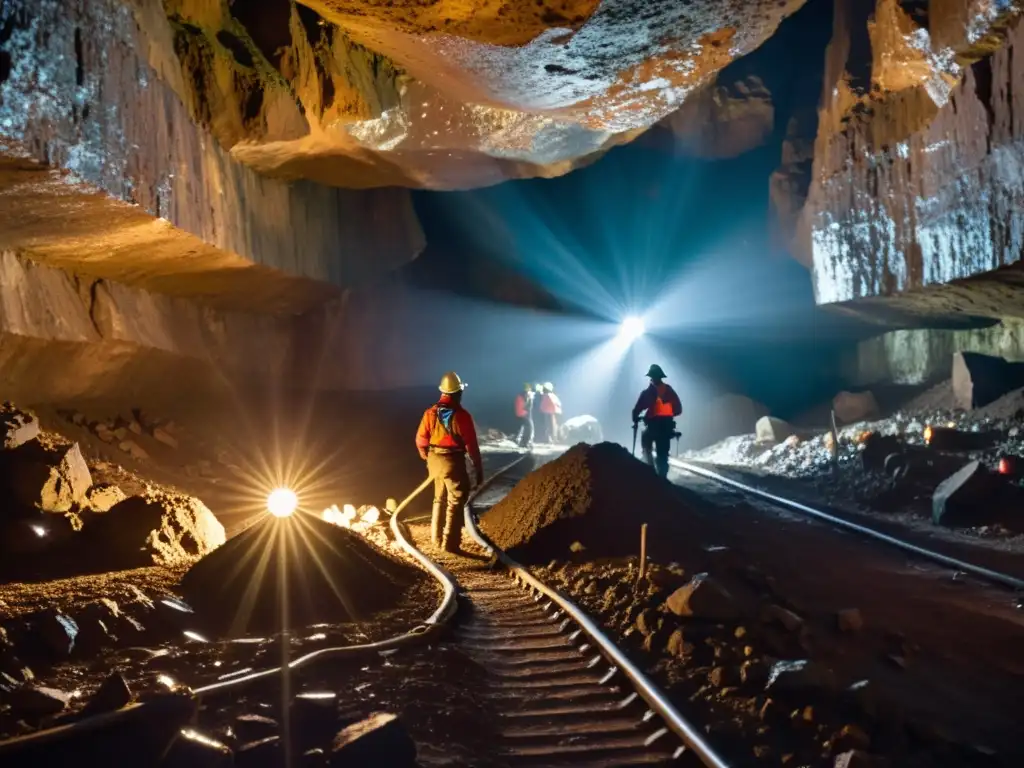 Mineros extraen minerales escasos en una oscura mina, iluminados por sus lámparas