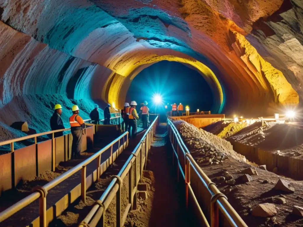 Mineros extraen minerales exóticos en un pozo profundo, destacando la influencia de la tecnología moderna en la naturaleza