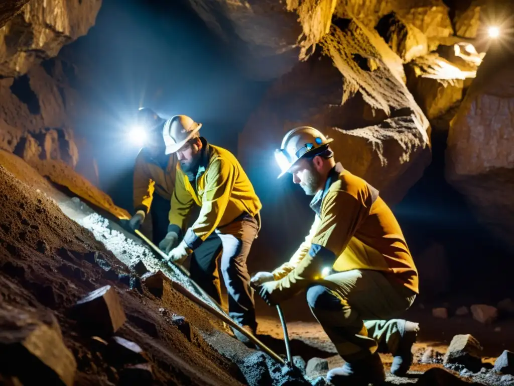 Mineros extraen minerales en una mina oscura, resaltando la volatilidad del mercado