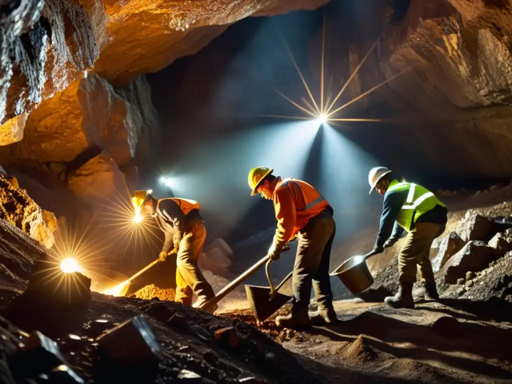 Mineros extraen minerales en mina subterránea, con iluminación dramática que resalta la intensa labor física y la belleza natural de la extracción