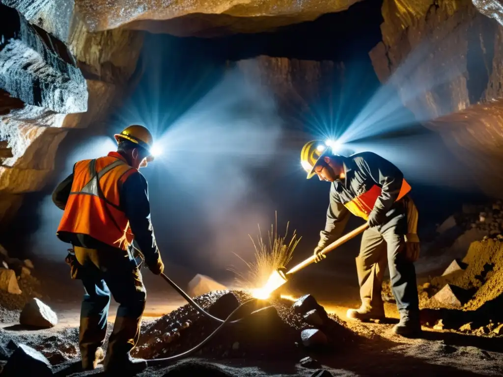 Mineros extrayendo minerales en una mina subterránea, iluminados por lámparas frontales, capturando la intensa realidad de la extracción de minerales