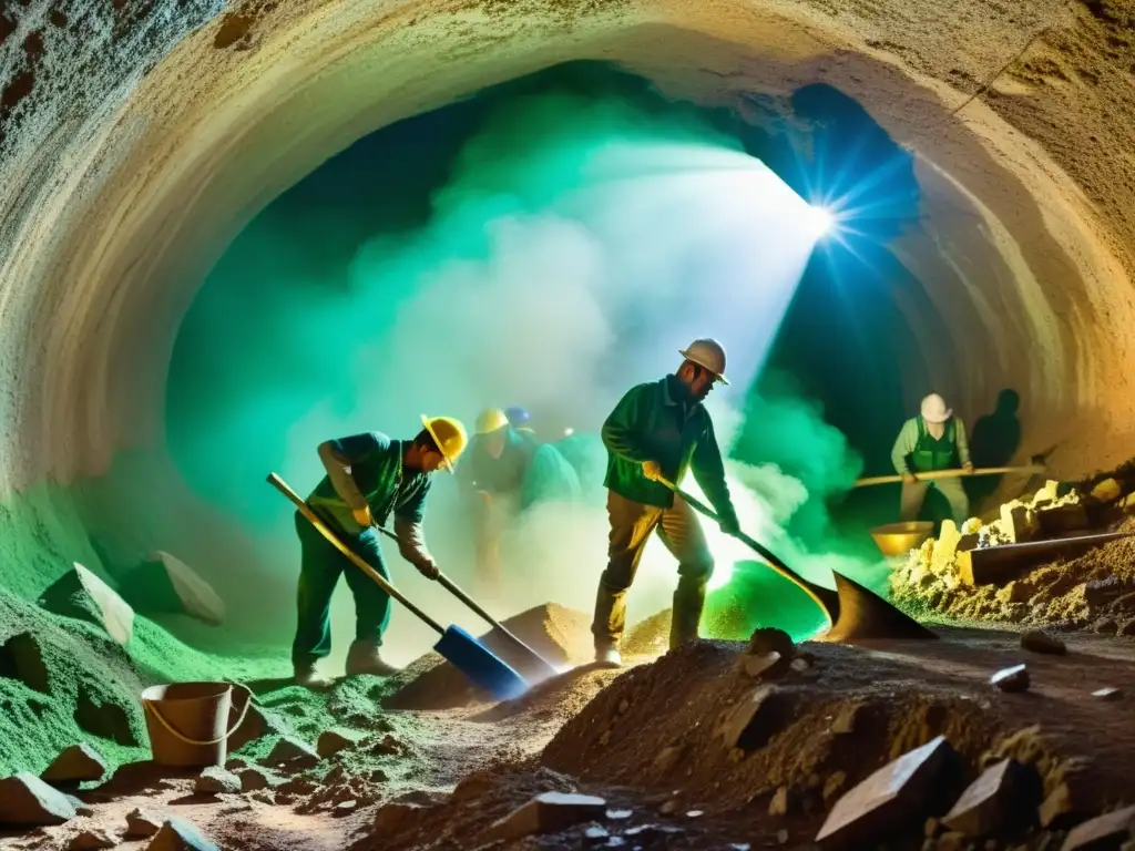 Mineros extrayendo minerales semipreciosos en una mina terrosa, resaltando la belleza de lapislázuli y malaquita