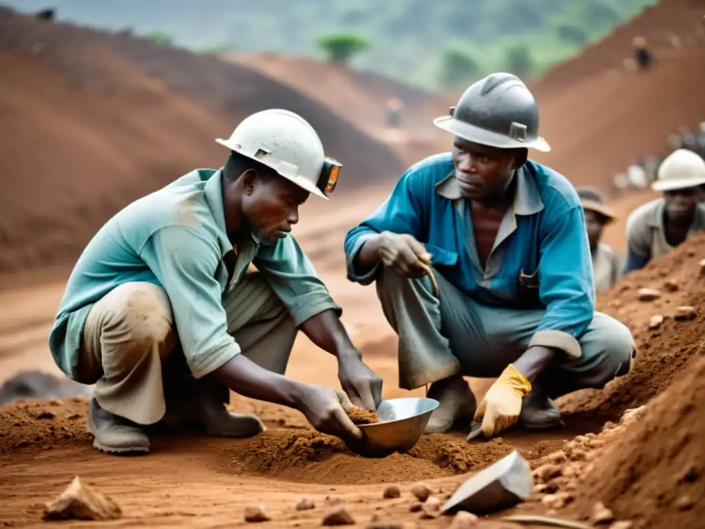 Mineros en la República Democrática del Congo extrayendo minerales coltan y tantalita en condiciones difíciles