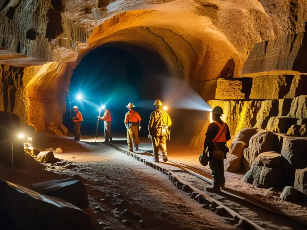 Mineros extraen minerales en túneles subterráneos, con herramientas tradicionales y luz suave filtrándose desde arriba