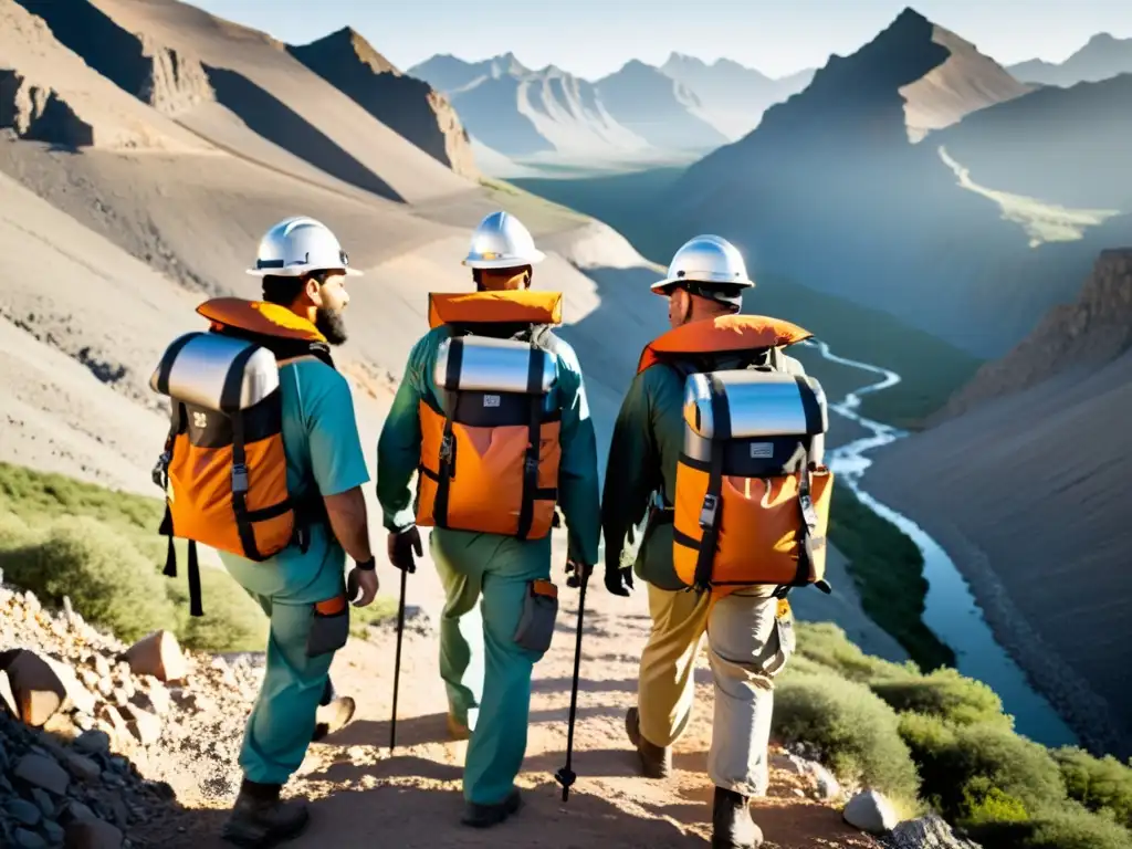 Mineros con mochilas de almacenamiento para expediciones mineras en terreno montañoso