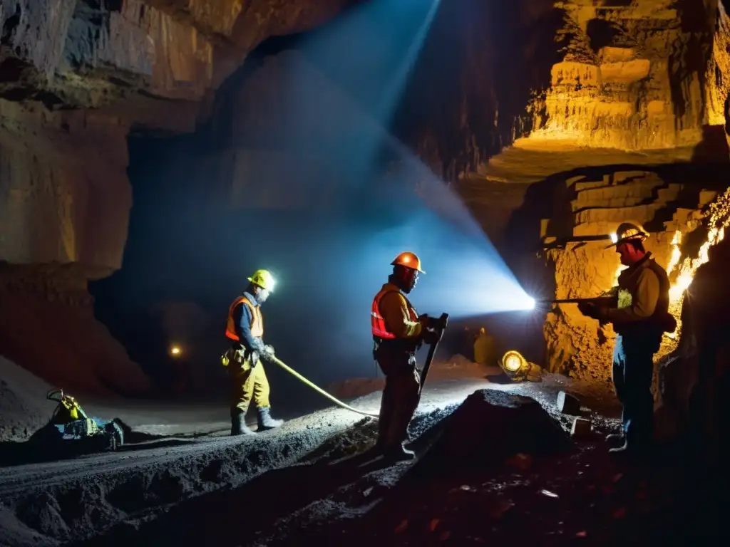 Mineros trabajando en la oscuridad de una mina, resaltando la importancia del Código Internacional Conducta Minería