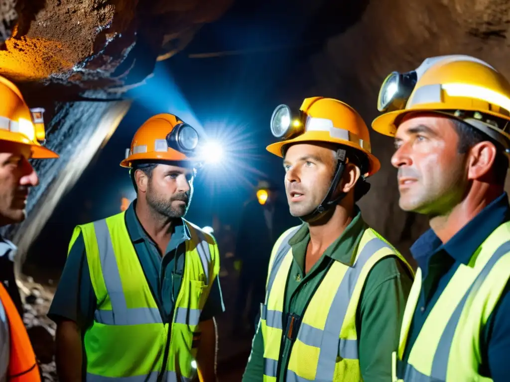 Mineros en la oscuridad de una mina, comunicándose con los mejores walkie talkies para minería