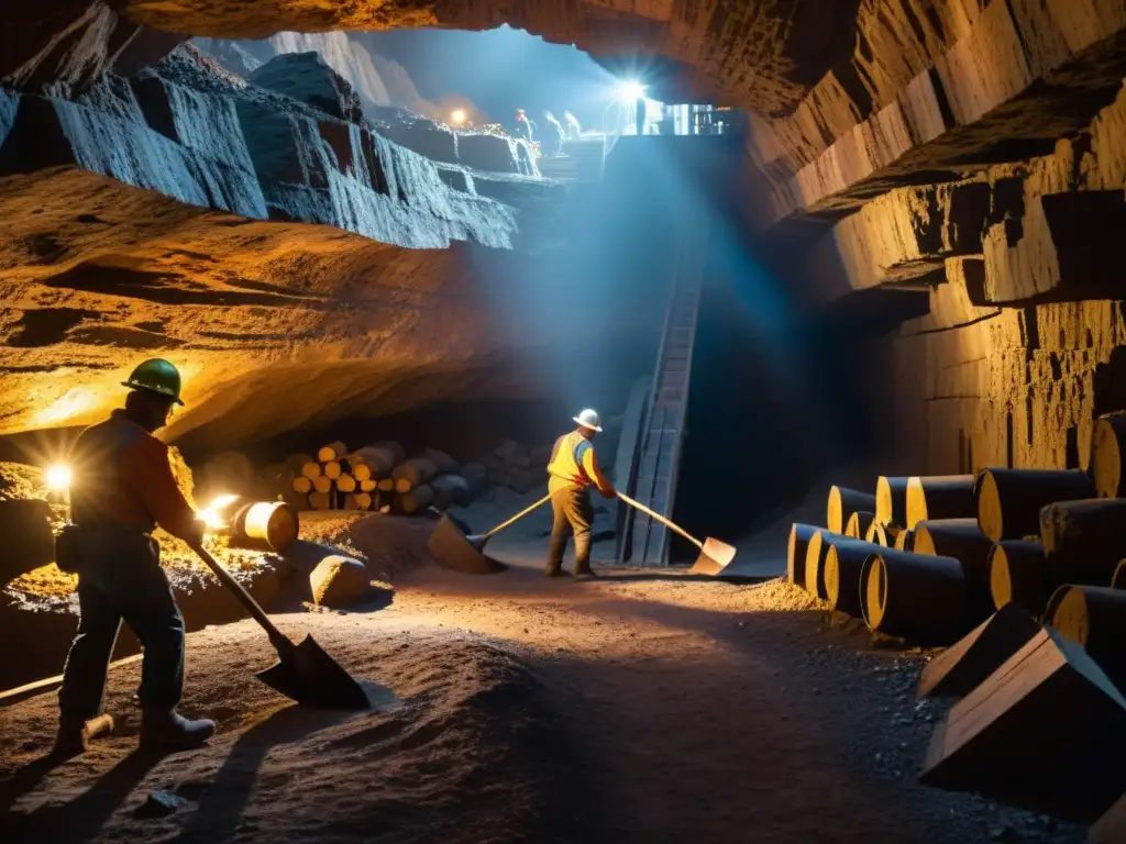 Mineros trabajando en la oscuridad de una mina, usando picos y palas