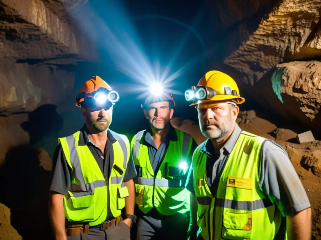 Mineros explorando la oscuridad de la mina con visores nocturnos para minería, iluminando rocas con sus lámparas de cabeza