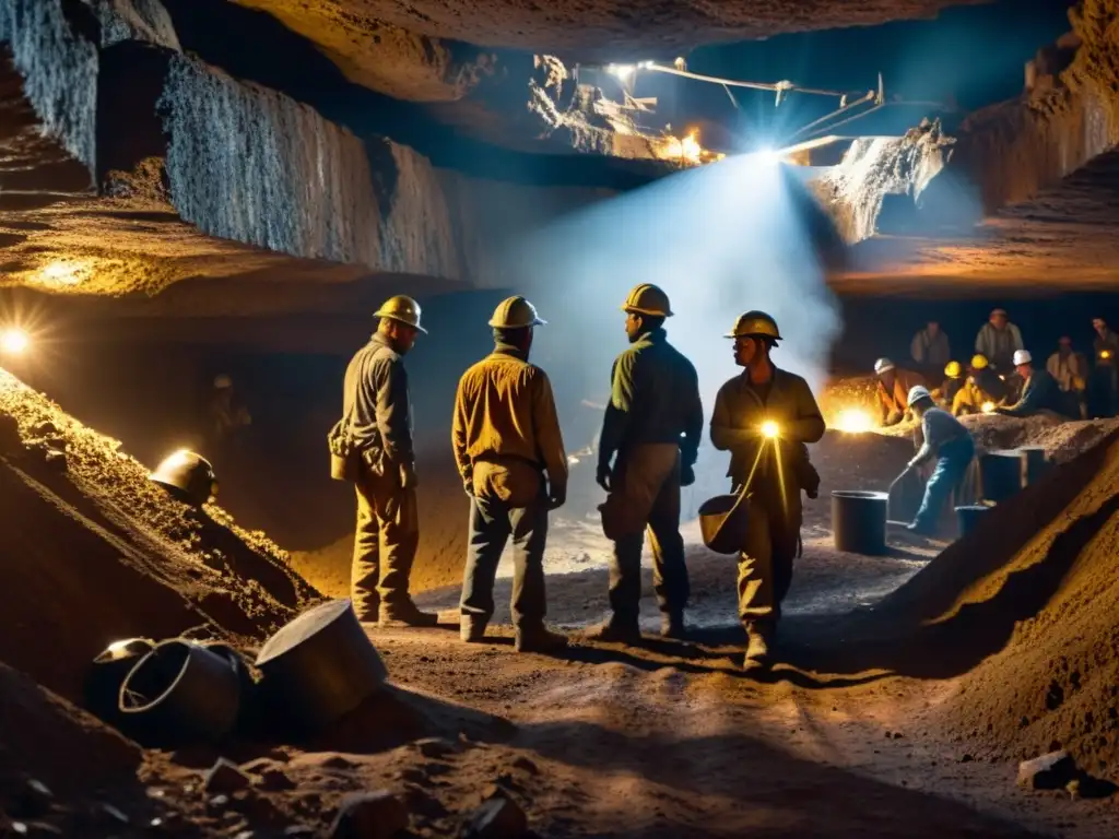 Mineros trabajando en un oscuro socavón de mina, con rostros sucios y sudorosos, revelando la explotación laboral en minería de metales preciosos