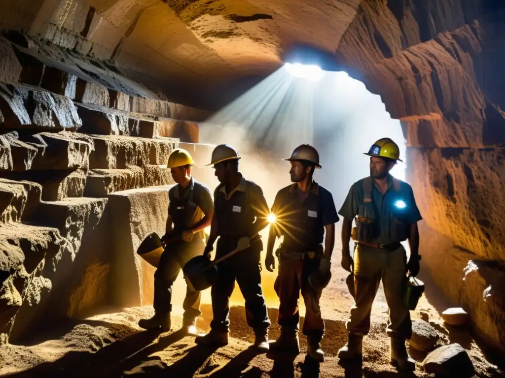 Mineros de pequeña escala perforan túnel subterráneo con dramática iluminación