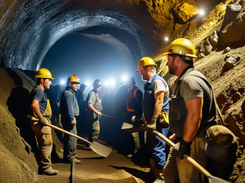 Mineros trabajando con picos y palas en una mina subterránea, extrayendo minerales preciosos